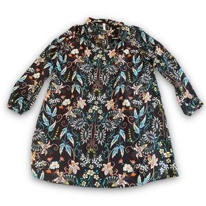Xhilaration Black Bold Floral Long Sleeve Collared Tunic/Dress Sz Lg Dark Boho